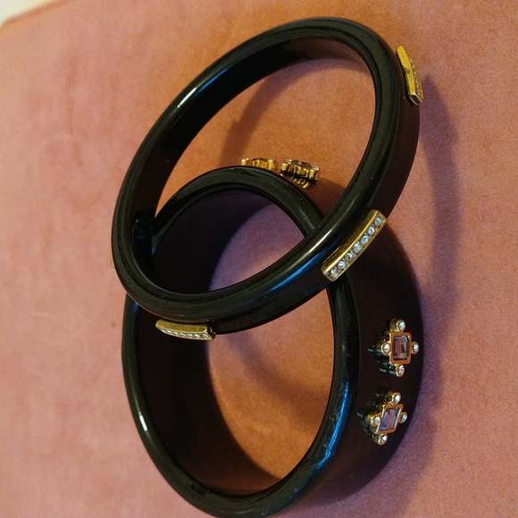 SET OF 2 LEE ANGEL NEIMAN MARCUS ENAMEL CLEAR RHINESTONE BANGLE BRACELET - Picture 3 of 4